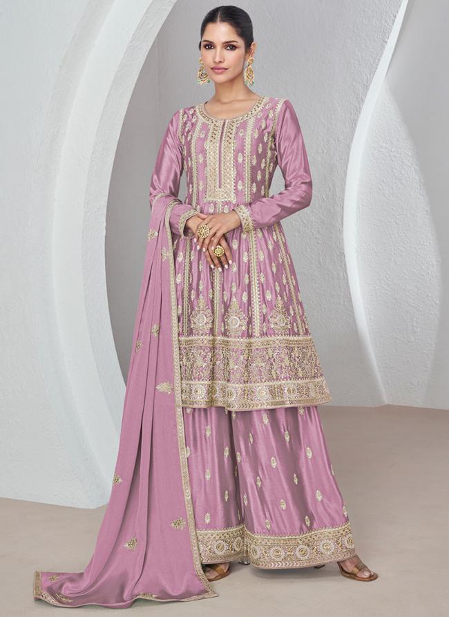 Chinnon Silk Pink Wedding Wear Embroidery Work Palazzo Suit